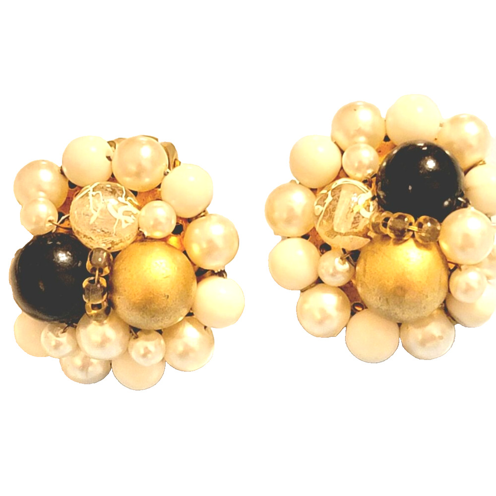 Mid-Century Cluster Clip-On Vintage Earrings Black White & Gold Japan Large wc18